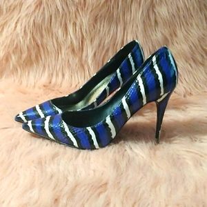 WFL blue, black and white striped heels, size 8